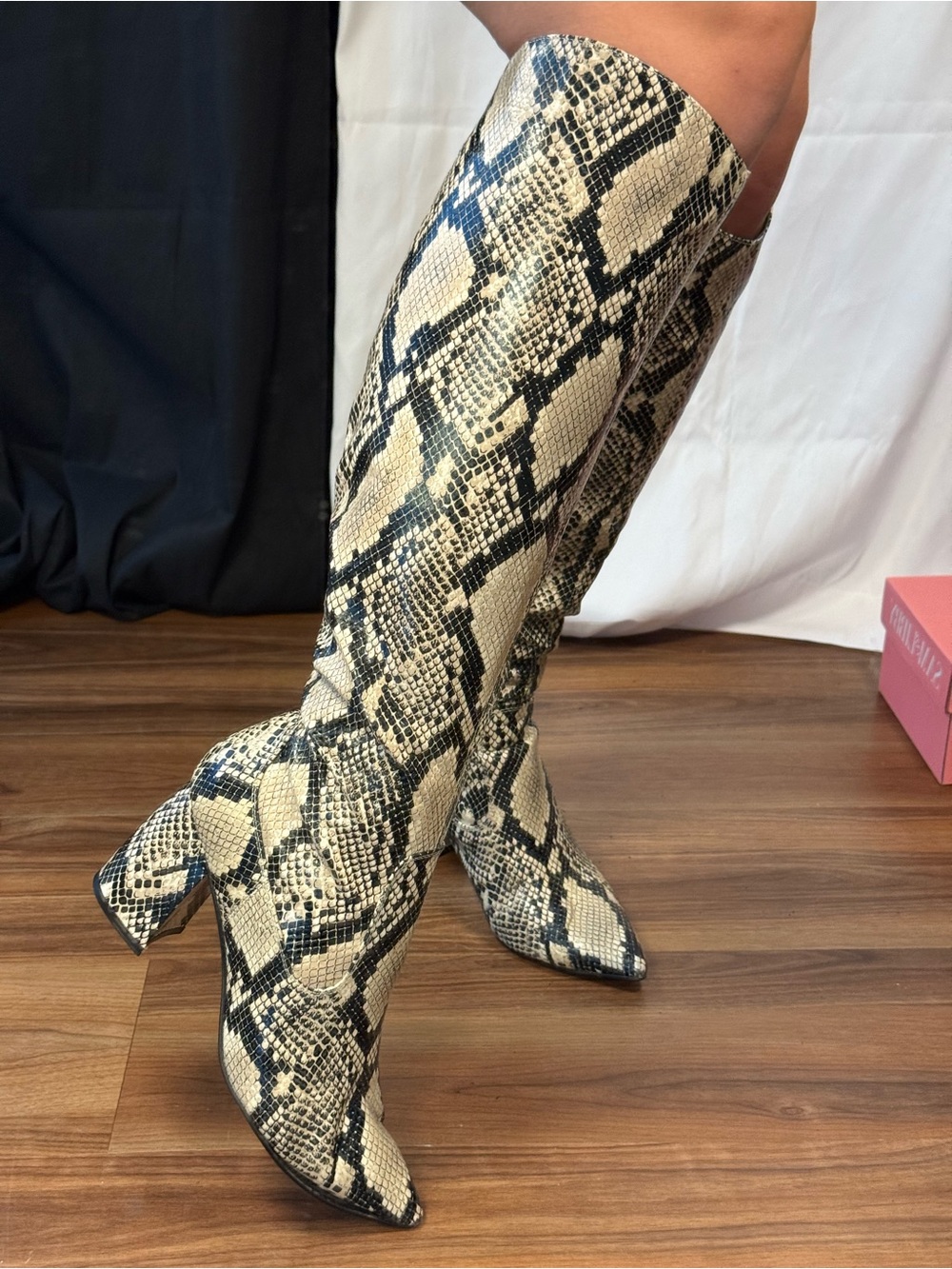 Marc Fisher Beige and Black Snake-Print Knee Boots